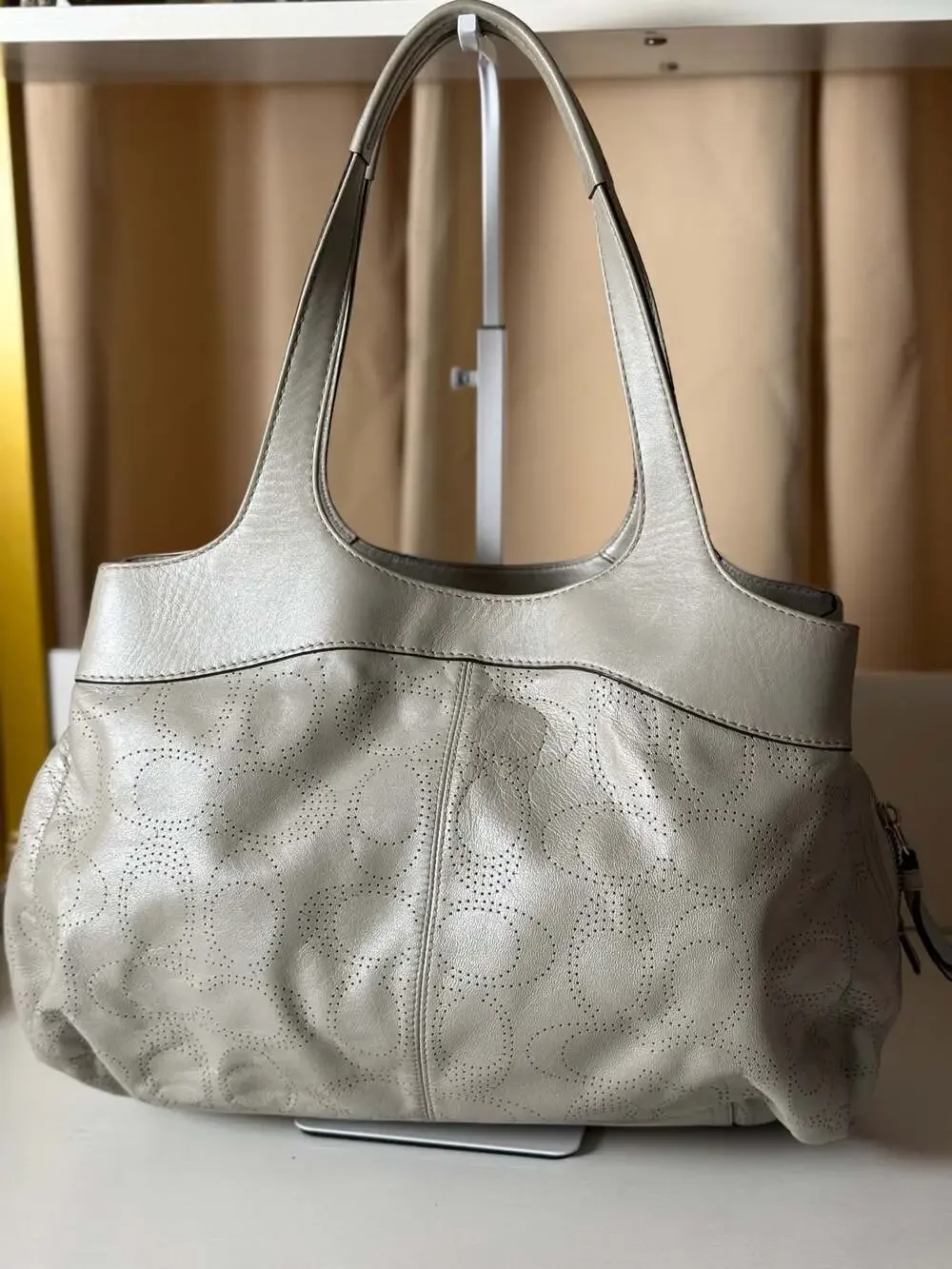 Coach Metallic Silver Perforated Leather Hobo Handbag F19258